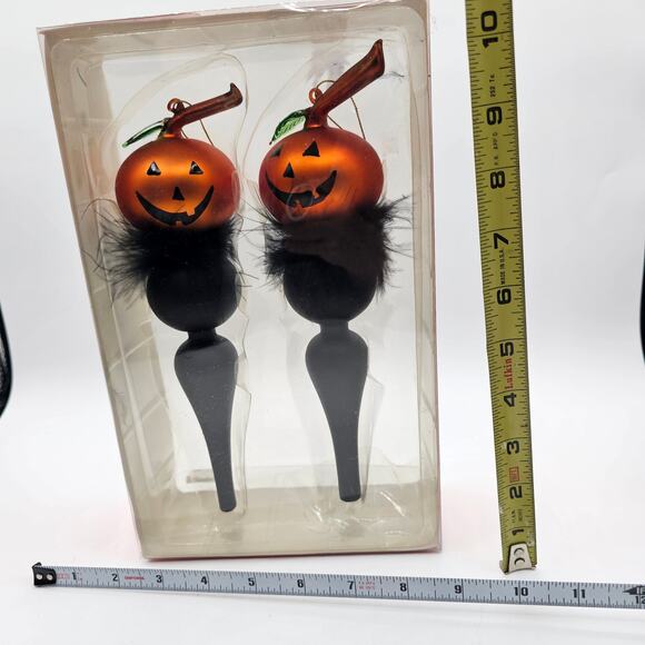 Rare Halloween Jack-o'-Lantern Glass Ornaments - Pumpkin Face & Feather Accents - Picture 6 of 7